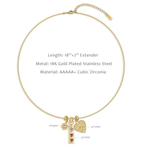 NUZON Multi-Charm Necklace for Women, 18K Gold Plated Stainless Steel Lucky Clover & Daisy Heart Pendant Necklace, NON Tarnish Sliding Charm Necklace Layering Jewelry, Meaningful Gift for Her 18’’ - color: Daisy Heart