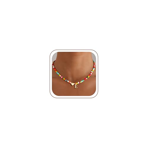 M MOOHAM Initial Necklace for Women Girls, Colorful Beaded Necklace, A-Z | Necklace for Women Girls, Dainty Heart Initial Necklace, 14K Gold Plated, Personalized Birthday Gifts for Teen Girl Jewelry - color: E