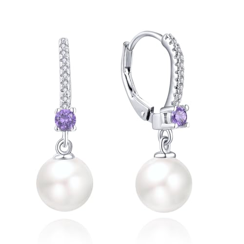 JO WISDOM 925 Sterling Silver Freshwater Pearl Hoop Earrings with Dangle Real Pearl,Simulated Pearls - color: B-8mm white pearl,amethyst color