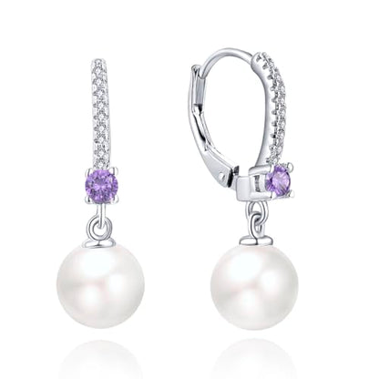 JO WISDOM 925 Sterling Silver Freshwater Pearl Hoop Earrings with Dangle Real Pearl,Simulated Pearls - color: B-8mm white pearl,amethyst color