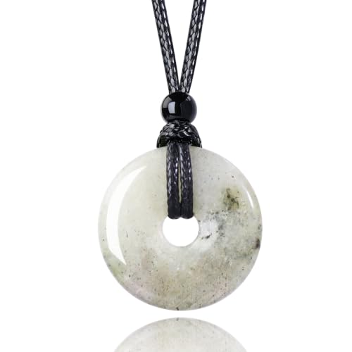 Anjiucc Natural Gemstone Pendant Necklce Lucky Coin Crystal Necklace Donut Pendnat with Adjustable Rope Healing Crystal for Men - color: White Spectrolite