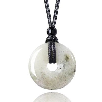 Anjiucc Natural Gemstone Pendant Necklce Lucky Coin Crystal Necklace Donut Pendnat with Adjustable Rope Healing Crystal for Men - color: White Spectrolite