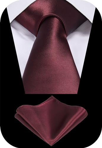 TIE G Solid Satin Woven dyed Color Formal Black Necktie and Pocket Square Sets in Gift Box - color: Maroon Burgundy