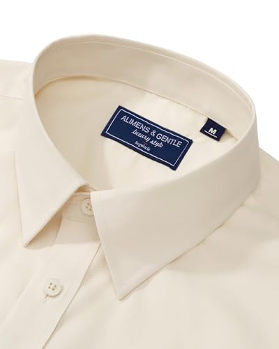 Alimens & Gentle Men's Dress Shirt Regular Fit Stretch Stain Shield Long Sleeve Solid Business Wedding Button Down Shirts - color: Beige, size: Medium