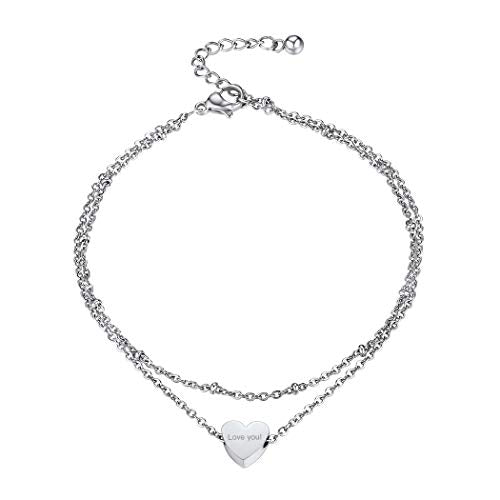Stainless Steel Heart Ankle Bracelet for Women, Dainty Adjustable Double Layered Chain Anklets