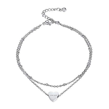 Stainless Steel Heart Ankle Bracelet for Women, Dainty Adjustable Double Layered Chain Anklets
