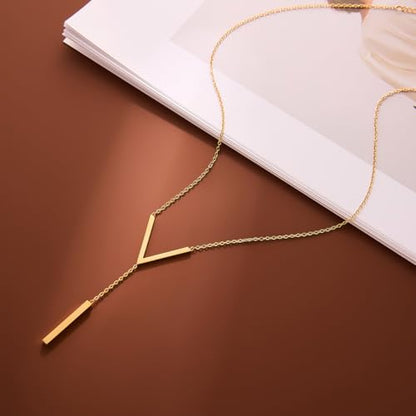 Simple Gold Bar Necklace for Women,Dainty Long Chain Lariat Necklaces Trendy Silver Statement Y Necklace,Charm Everyday Jewelry Accessories Gifts - color: Gold