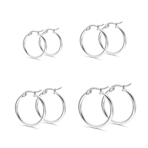4 Pairs Gold Silver Small Hoop Earrings Huggie for Women Surgical Steel Set | 10/12/14/16 mm, Hypoallergenic, Lightweight Hoop Earrings Set, 14K Gold Silver 316L Stainless Steel, Multiple Piercings - color: Silver/4 Pairs