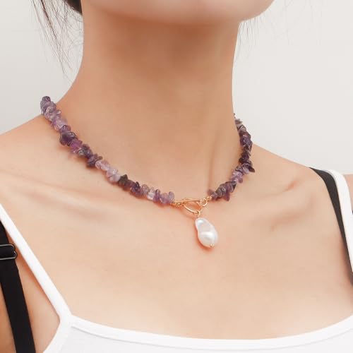 Bohemian Stone Pearl Choker Necklace for Women Dainty Natural Irregular Stone Choker Turquoise Beaded Lariat Necklace Simple Fashion OT Toggle Spiritual Handmade Jewelry - color: Purple