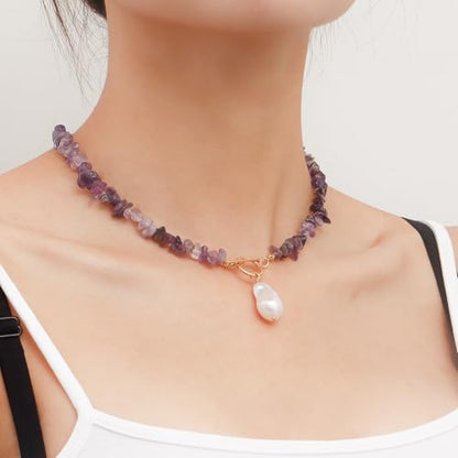 Bohemian Stone Pearl Choker Necklace for Women Dainty Natural Irregular Stone Choker Turquoise Beaded Lariat Necklace Simple Fashion OT Toggle Spiritual Handmade Jewelry - color: Purple