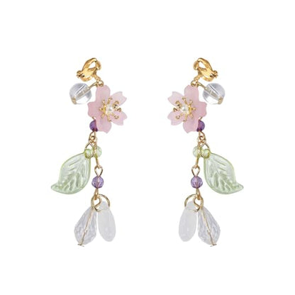 Clip on Pink Flower Pearl Leaf Long Fake Dangle Drop Earrings for Women Non Pierced Ear Dainty Cute Gold Plated Sakura Flower Statement Tassel Dangling Earrings Hypoallergenic Lightweight Fashion Trendy Jewelry