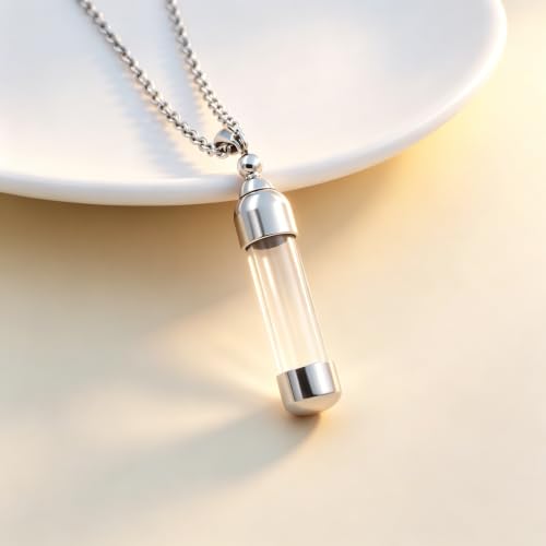 SIYUU Floating Glass Locket Urn Necklaces for Ashes Stainless Steel Cremation Jewelry Memorial Ashes Holder Keepsake Funeral Jewelry - color: Cylinder