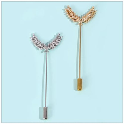 Dreuyet Simple Gold Silver Plated Long Brooch Pins with Cute Animal Antlers Leaves Plant Bees Rabbits Rose Flower Feather Brooch Jewelry for Women Men Elegant Suit Collar Lapel Pin - style: Double Leaf