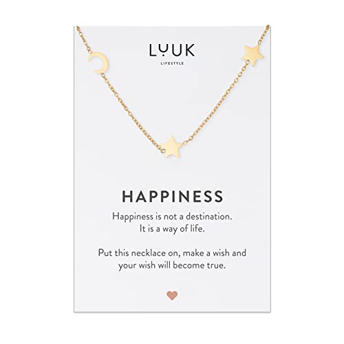 LUUK LIFESTYLE Stainless steel necklace with pendant and HAPPINESS card, 20” adjustable length, lucky charm, friendship chain, Valentine's Day gift, birthday, women's jewelry, silver, gold, rosegold - color: Gold, size: Moon and Stars