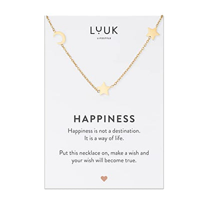LUUK LIFESTYLE Stainless steel necklace with pendant and HAPPINESS card, 20” adjustable length, lucky charm, friendship chain, Valentine's Day gift, birthday, women's jewelry, silver, gold, rosegold - color: Gold, size: Moon and Stars