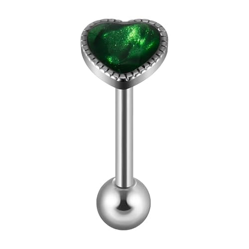 14G Green Aurora Heart Tongue Rings for Women Glitter 316L Stainless Steel Tongue Studs Barbell Cartilage Earrings Statement Body Piercing Jewelry