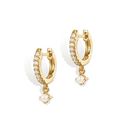 PAVOI 14K Gold Plated Huggie Hoop Earrings with Charms for Women - 925 Sterling Silver Posts Dainty Motif Huggie Hoop Dangle Earrings - Lightweight Dangle Drop Jewelry with Cubic Zirconia - style: Pearl & CZ