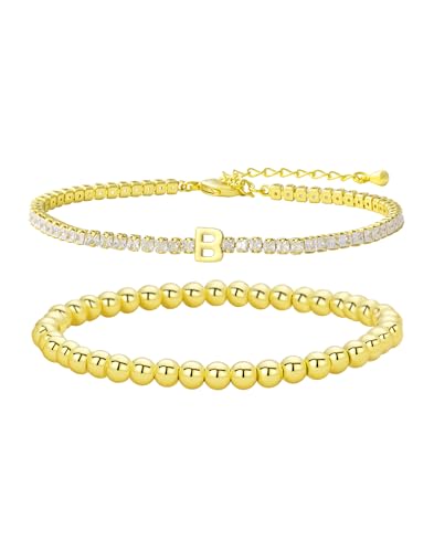 14K Gold Plated Bracelets for Women Dainty Tennis Initial Bracelet Trendy Beaded Stackable Charm Bracelets Layered Waterproof Bracelet Dainty Bracelet for Women Jewelry Gifts - style: B