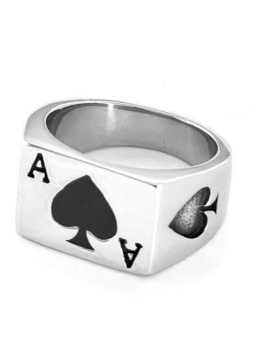 JAJAFOOK Mens Womens Stainless Steel Ring Poker Spade Ace Silver Black Sizes 6-14 - color: Spade Ace Silver Black, size: 11