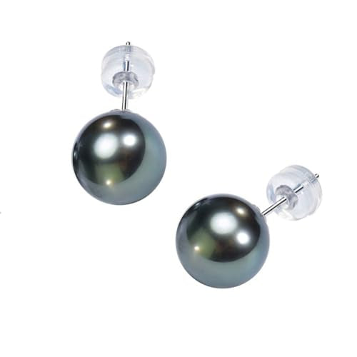 Gifts for Wife Anniversary 18K Gold Pearl Stud Earrings for Women- Genuine Handpicked Nature Tahitian Black Pearls Earring- Birthday Christmas Mothers Day Valentine's Jewelry Gifts - color: 18K White Gold Plated Sterling Silver