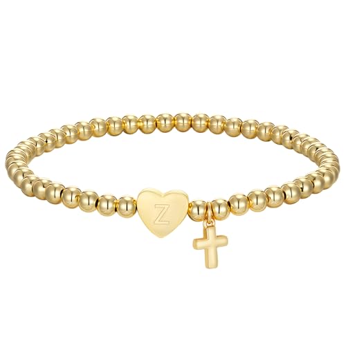 Initial Cross Gold Bracelets for Women Christian Beads Jewelry for Girls | 14K Gold Plated Letter Bracelet, Stretch Elastic Baptism Religion Christian Gifts for Women Teen - color: Gold-Z