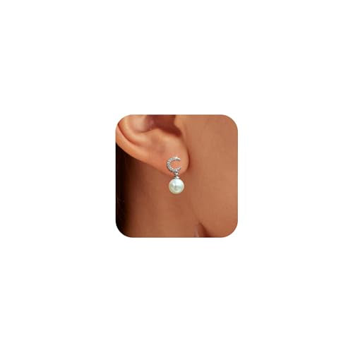 Double Pearl Drop Earrings for Women 925 Sterling Silver | 18k Gold Plated Big Large Pearl Dangle Earrings Pearl Dangling Stud Earring Bridal Wedding Jewelry Birthday Gifts for Mom - color: G-Silver Moon