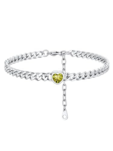 ChainsHouse Cuban Chain Anklets for Women with Heart Birthstone Jan - Dec | Stainless Steel Black Link Chain Ankle Bracelet with Birthstone, Beach Women Anklet 22cm-27cm Adjustable, with Gift Box - color: 08. Aug.-Peridot-Steel