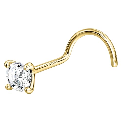 925 Sterling Silver Nose Stud 20G Corkscrew Nose Ring Tiny Nose Studs Gold Nose Stud Hypoallergenic Nose Piercings for Women - color: CZ 3mm