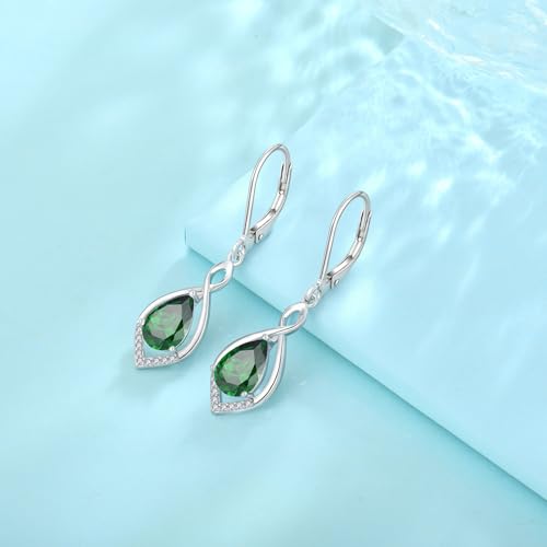 Infinity Teardrop Earrings 925 Sterling Silver Dangle Drop Leverback Earrings Birthstone Jewelry for Women - color: Emerald Green