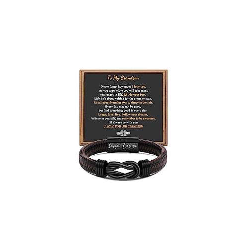 Gift for Men Infinity Bracelet for Men Dad Husband Boyfriend Son Grandson Brother Nephew Uncle Brown Braided Leather Forever Linked Together Stainless Steel Engraved with Love You Forever Jewelry 7.5|8.5|9 Inches - color: To My Grandson-Never Forget how m