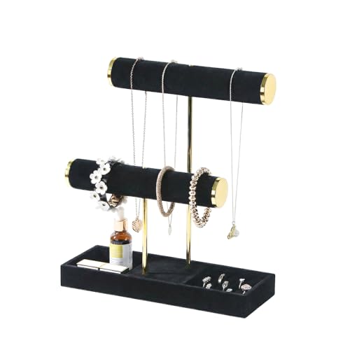 Coward Bracelet Necklace Holder Display, T-Bar Jewelry Holder Stand, Jewelry Organizer with Tray for Necklaces, Bangles,Rings Earrings Watches (Black Velvet) - color: Black