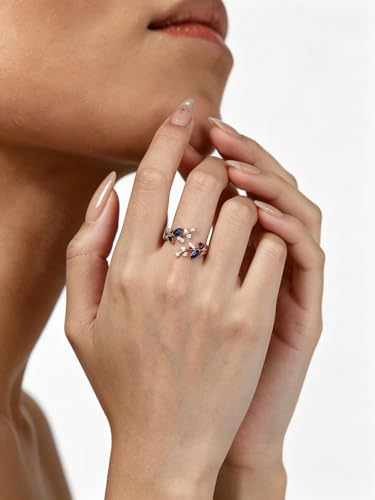 Silver Leaf Ring for Women 925 Sterling Silver Yellow Gold Plated CZ Inlaid Marquise Sapphire/Ruby/Emerald Cocktail Rings Size 6 to 10 - color: Sapphire - Gold
