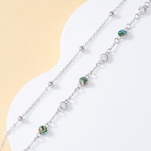 HPQQ Anklets for Women 925 Sterling Silver Natural Stone Layered Anklet Beach Summer Fine Jewelry Birthday Mothers Day Gifts for Women Mom Her - color: Abalone 9"-11"