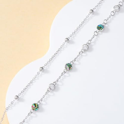 HPQQ Anklets for Women 925 Sterling Silver Natural Stone Layered Anklet Beach Summer Fine Jewelry Birthday Mothers Day Gifts for Women Mom Her - color: Abalone 9"-11"