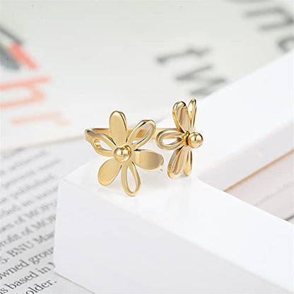 Asymmetric Sunflower Stainless Steel Wrap Open Rings for Women Cute Daisy Flowers Adjustable Statement Promise Engagement Finger Knuckle Rings Fashion Dainty Expandable Rings Christmas Thanksgiving Day Gifts - color: Stainless Steel
