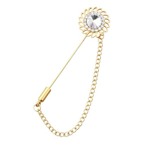 Mens Sunflower Lapel Pin Crystal Rhinestone Brooches for Men Hanging Chain Brooch Suit Pin Flower Lapel Pins for Men Wedding Business Party - color: White