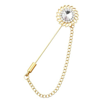Mens Sunflower Lapel Pin Crystal Rhinestone Brooches for Men Hanging Chain Brooch Suit Pin Flower Lapel Pins for Men Wedding Business Party - color: White