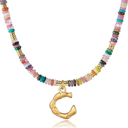YOUFENG Initial Letter Necklaces for Women Colorful Beaded Gemstone Choker 14K Gold Plated Bamboo Letter Pendant Necklace Natural Stone Handmade Jewelry Gift - color: C