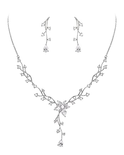 Crysdue Women's Wedding Bridal Jewelry Set for Brides Bridesmaids Cubic Zirconia Flower Leaf Vine Necklace Dangle Earrings for Prom Party - style: 13-silver