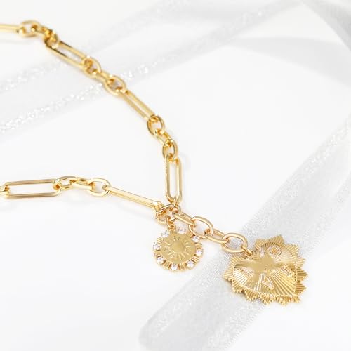 Chunky Gold Necklace for Women, 18K Waterproof Heart Necklace Statement Necklace Gold Charm Necklace Chunky Jewelry Paperclip Chain Choker Gift for Women - style: LOVE Coin Heart