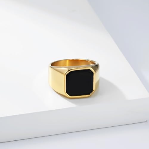 Kemstone Square Signet Ring for Men,Stainless Steel Lapis Lazuli Black Stone Flat Top Geometric Face Silver Gold - color: Gold (Black stone), size: 12#