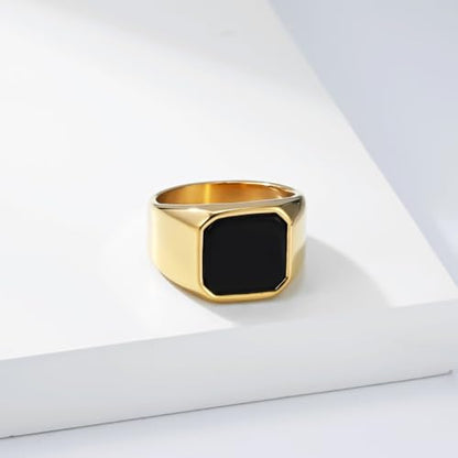 Kemstone Square Signet Ring for Men,Stainless Steel Lapis Lazuli Black Stone Flat Top Geometric Face Silver Gold - color: Gold (Black stone), size: 7#