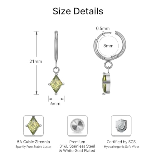 Surgical Steel Hoop Earrings for Women - Hypoallergenic Small Cartilage Huggies with Cubic Zirconia Dangle - color: Olive Green-Stainless Steel
