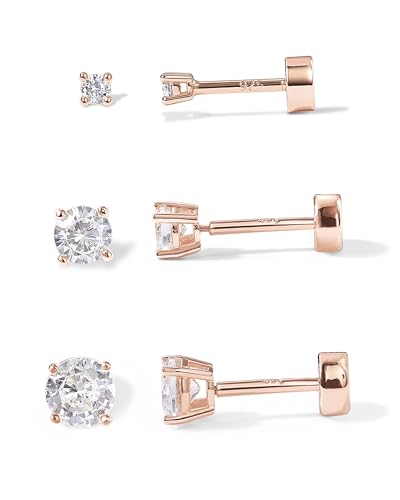 PAVOI 14K Gold Plated Solid 925 Sterling Silver Post Cubic Zirconia Stud Flat Back Earrings for Women | Cartilage Earring | Helix Piercing Jewelry | Small Stud Earrings for Women - color: Rose Gold, size: Set of 3 (2mm, 3mm & 4mm)