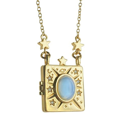 Personalized Color Print Photo Locket Custom Text Engraved Pendant Gold Tone Opal Star Moon Charm Necklace Gift - style: No Customization (Gold-tone)