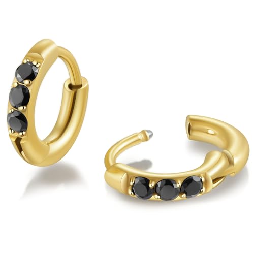 Hypoallergenic Unisex Surgical Steel Small Cubic Zirconia Huggie Hoop Earring, Color Gold - Silver - Rose Gold - Black - Rainbow, Size 6mm- 12mm Safe for Sensitive Ear - style: N04: 6MM - Gold - Black Cubic Zirconia