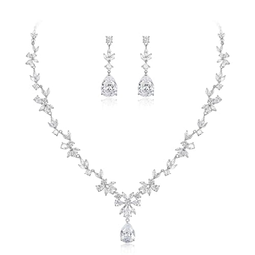 Gorgeous Wedding Jewelry Set for Women Bridal Cubic Zirconia Marquise Teardrop Leaf Cluster Y-Necklace Dangle Earrings Link Bracelet - color: 2PCS Clear