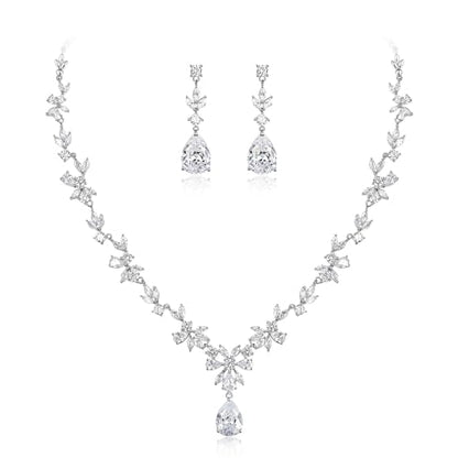 Gorgeous Wedding Jewelry Set for Women Bridal Cubic Zirconia Marquise Teardrop Leaf Cluster Y-Necklace Dangle Earrings Link Bracelet - color: 2PCS Clear