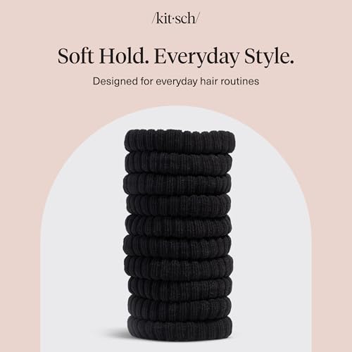 Kitsch Ribbed Hair Ties No Damage - Black, 10pcs | Strong, Stretchy & Snag-Free Hair Bands – Soft Fabric Ponytail Holders, Stylish Elastics for Everyday Hairstyles - color: Black Ribbed (Pack of 10)