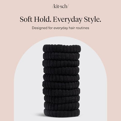 Kitsch Ribbed Hair Ties No Damage - Black, 10pcs | Strong, Stretchy & Snag-Free Hair Bands – Soft Fabric Ponytail Holders, Stylish Elastics for Everyday Hairstyles - color: Black Ribbed (Pack of 10)